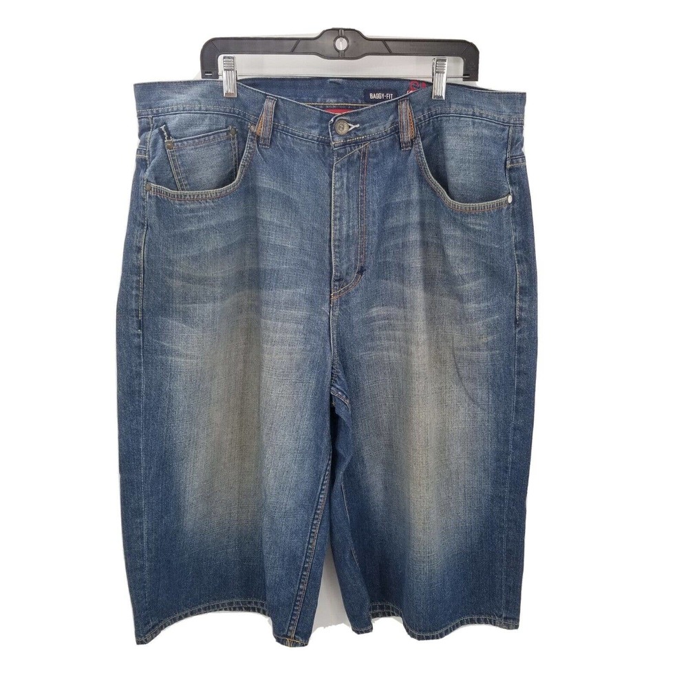 ECKO unlimited baggy fit blue jean shorts mens size 38 logo Marc distressed flaw